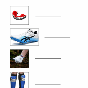 Worksheet on naming the piece of health and safety equipment and the sport it belongs to based on the images provided