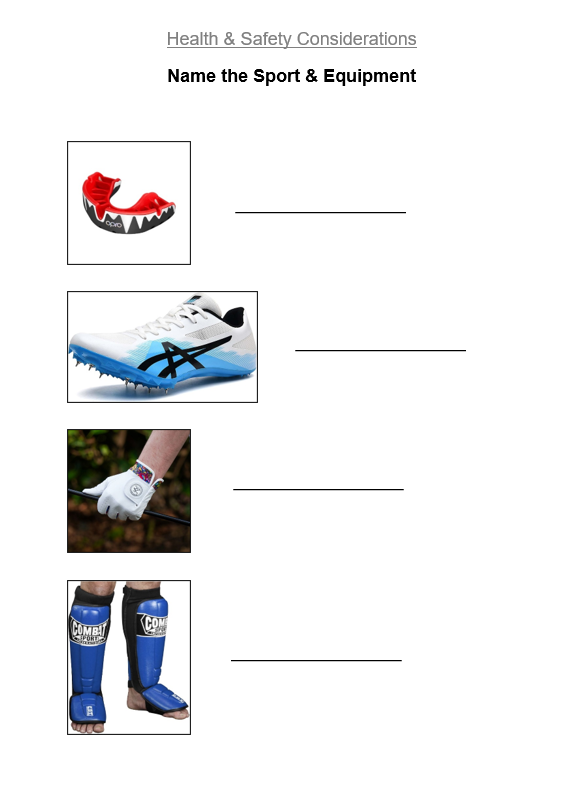 Worksheet on naming the piece of health and safety equipment and the sport it belongs to based on the images provided