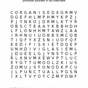 Worksheet wordsearch on personal attributes that can be used to promote self in an interview and which are valued most by employers