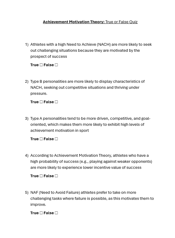 Worksheet true or false quiz on achievement motivation theory
