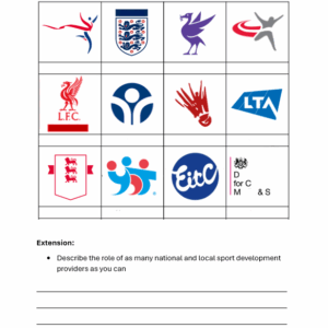 Worksheet logo quiz on national and local sports development providers and their roles
