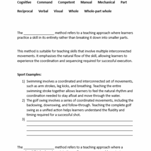 Worksheet on methods of teaching skills in sport with examples of when it may be appropriate to use each method