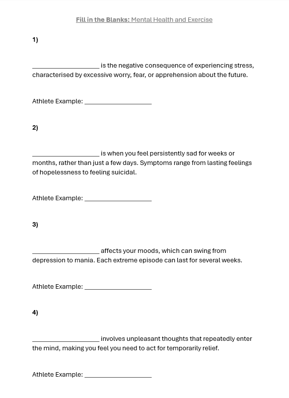 Worksheet on mental health and exercise with sport examples