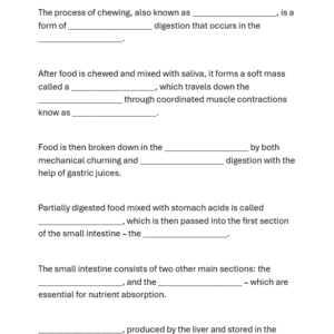 Worksheet - Digestive Tract ‘Fill in the Blanks’ (LO2: 2.1)