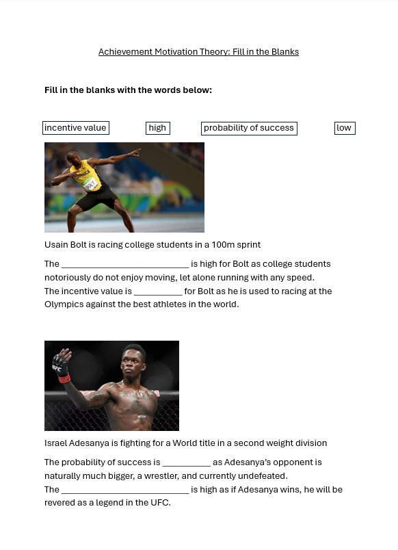 Worksheet on achievement motivation theory in sport