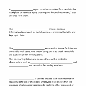 Worksheet - Health and Safety Legislation ‘Fill in the Blanks’ (LO2: 2.1)